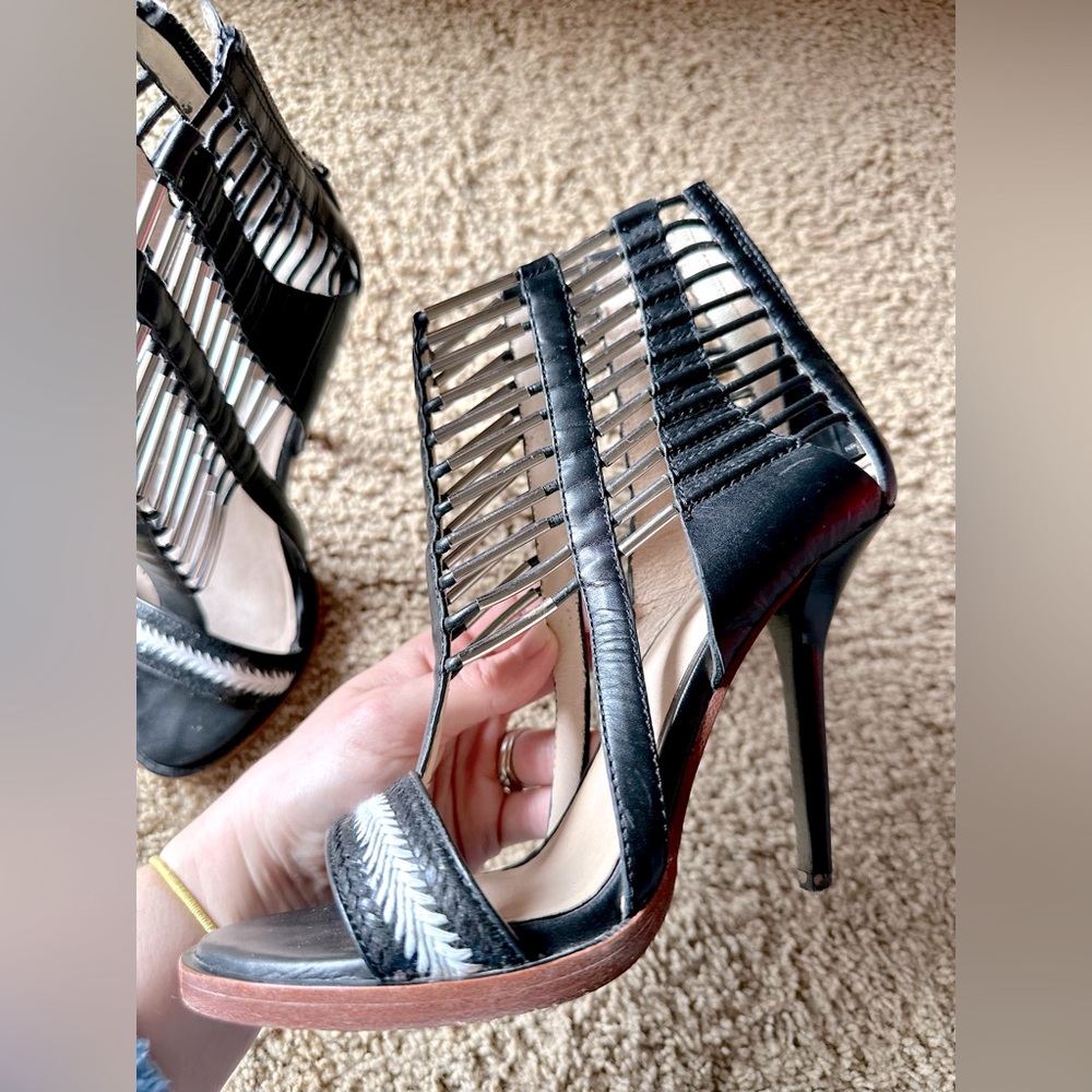 LAMB Gorgeous Black Leather Fun Cutout Heeled back Zipper Ivory Black - Picture 7 of 13